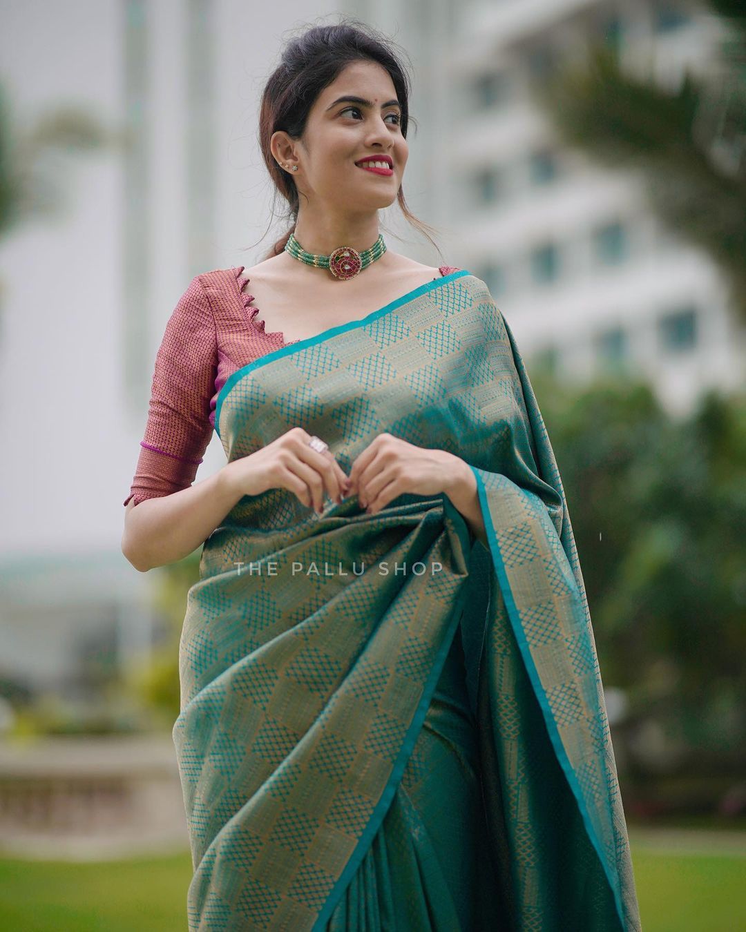 Conflate Rama Soft Silk Saree with Cynosure Blouse Piece