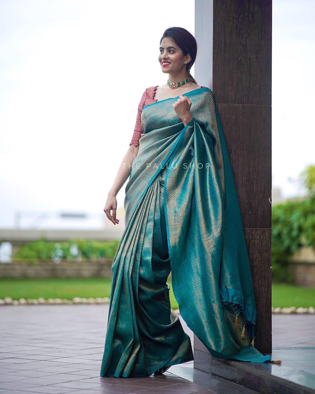 Conflate Rama Soft Silk Saree with Cynosure Blouse Piece