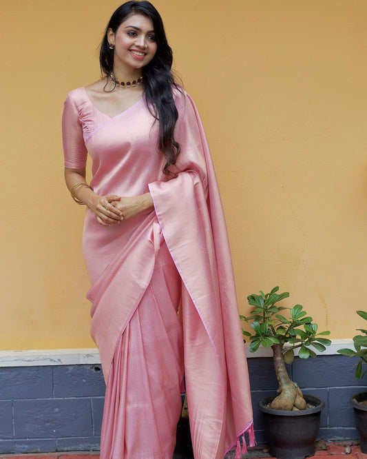 Dalliance Baby Pink Soft Silk Saree with Demesne Blouse Piece