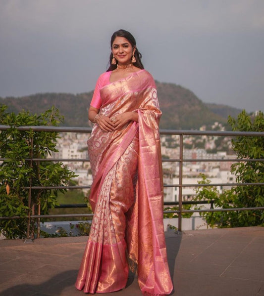 Denouement Pink Soft Banarasi Silk Saree With Impressive Blouse Piece