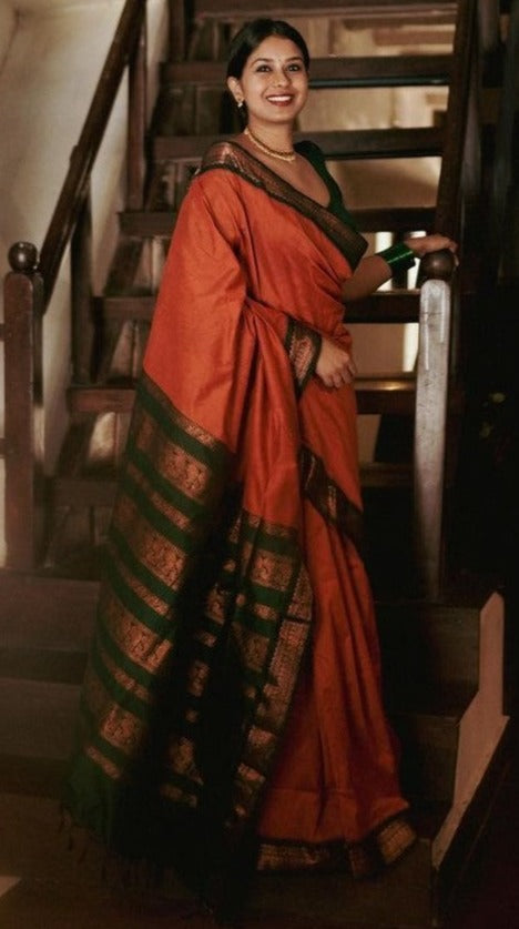 Prominent Orange Soft Banarasi Silk Saree With Flamboyant Blouse Piece