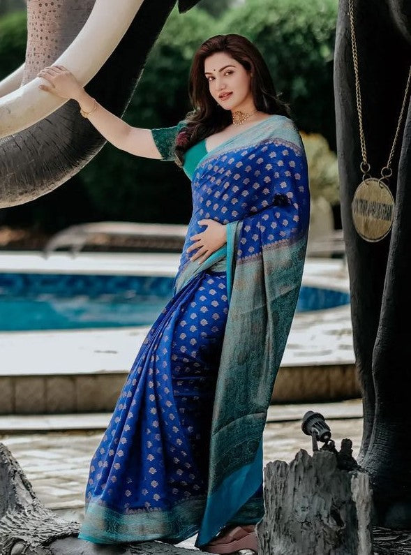 Delightful Blue Soft Banarasi Silk Saree With Prettiest Blouse Piece