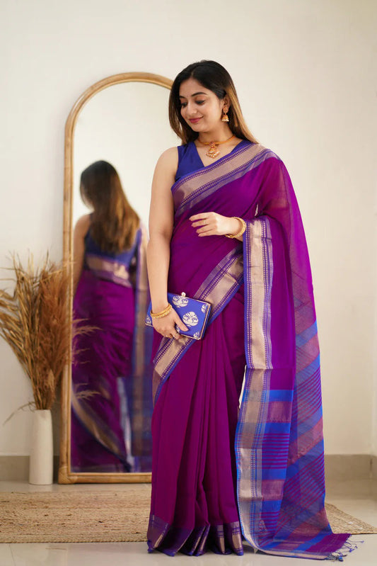 Forbearance Purple Cotton Silk Saree With Comely Blouse Piece