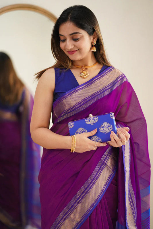 Forbearance Purple Cotton Silk Saree With Comely Blouse Piece
