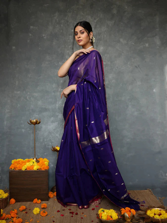 Classic Navy Blue Cotton Silk Saree With Exceptional Blouse Piece