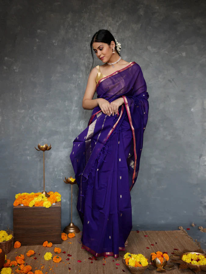 Classic Navy Blue Cotton Silk Saree With Exceptional Blouse Piece