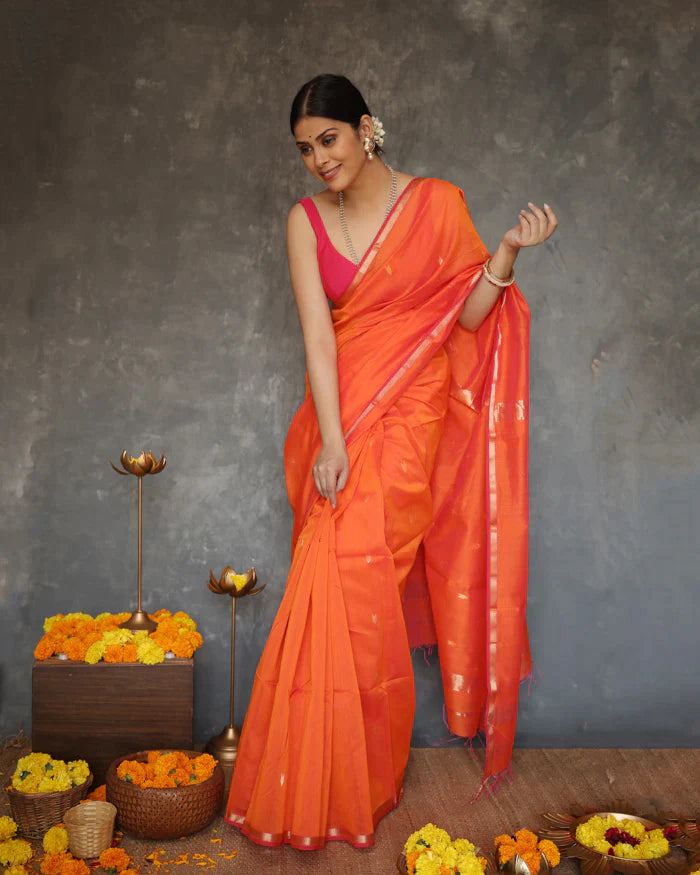 Scintilla Orange Cotton Silk Saree With Evanescent Blouse Piece