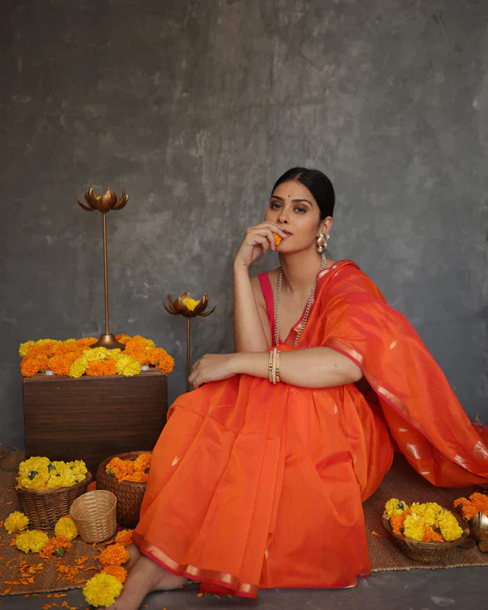 Scintilla Orange Cotton Silk Saree With Evanescent Blouse Piece