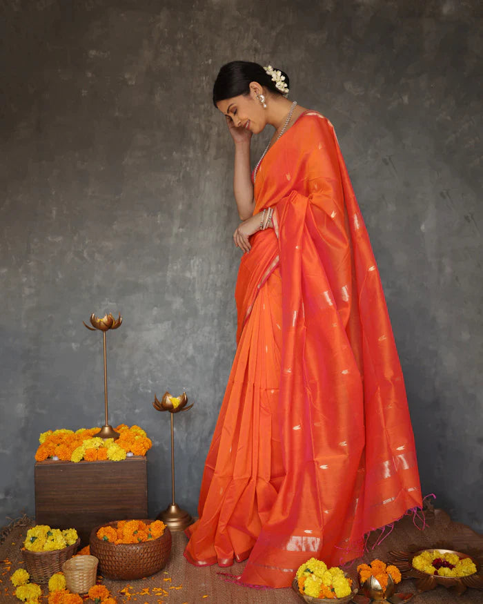 Scintilla Orange Cotton Silk Saree With Evanescent Blouse Piece