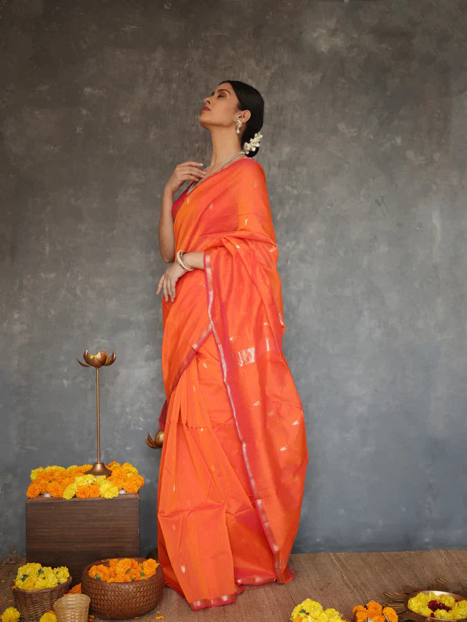 Scintilla Orange Cotton Silk Saree With Evanescent Blouse Piece