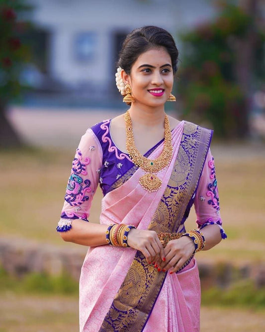 Twirling Pink Soft Banarasi Silk Saree With Two Palimpsest Blouse Piece