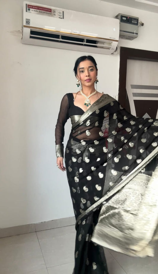 Evanescent 1-Minute Ready To Wear Black Cotton Silk Saree