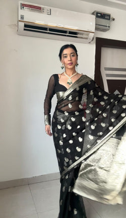 Evanescent 1-Minute Ready To Wear Black Cotton Silk Saree