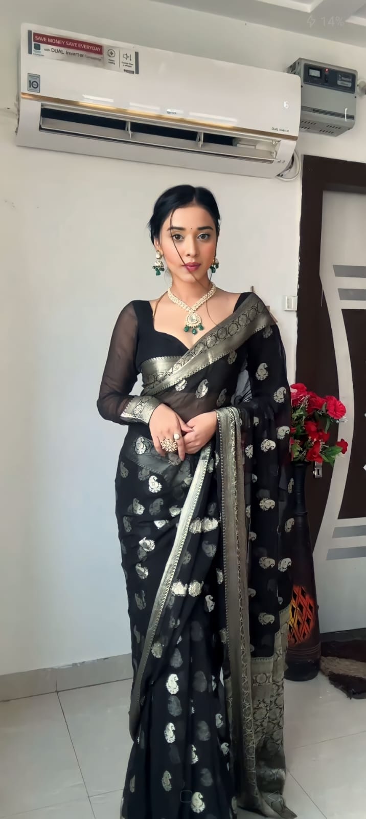 Evanescent 1-Minute Ready To Wear Black Cotton Silk Saree