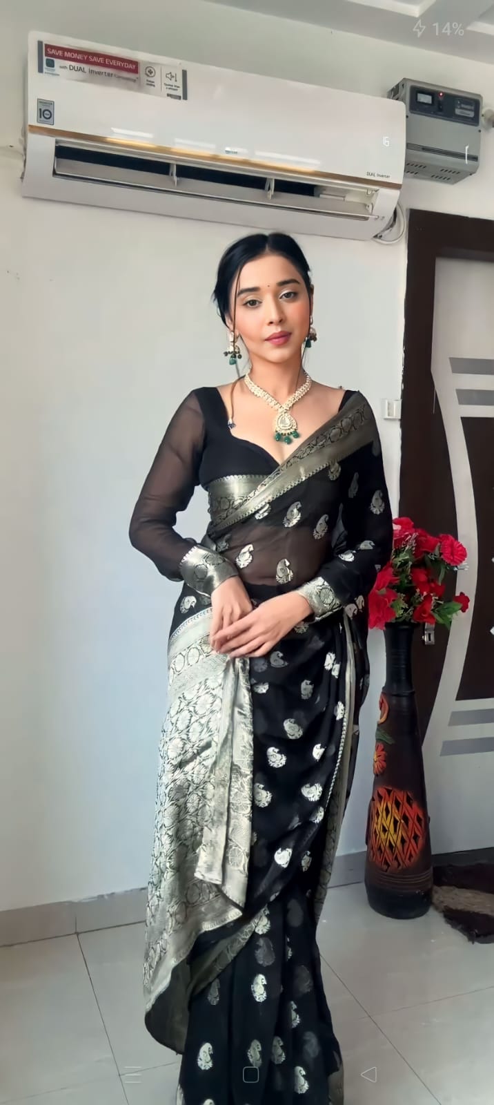 Evanescent 1-Minute Ready To Wear Black Cotton Silk Saree
