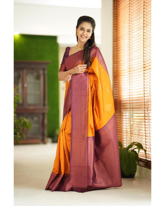 Smashing Yellow Soft Silk Saree With Scrumptious Blouse Piece