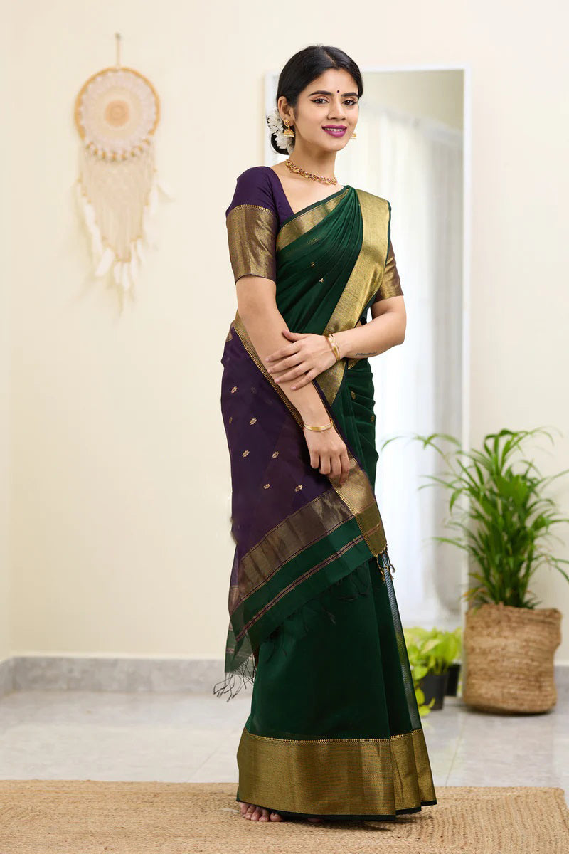 Traditional Dark Green Cotton Silk Saree With Enticing Blouse Piece