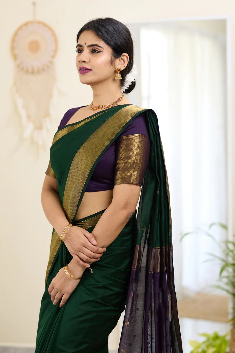 Traditional Dark Green Cotton Silk Saree With Enticing Blouse Piece