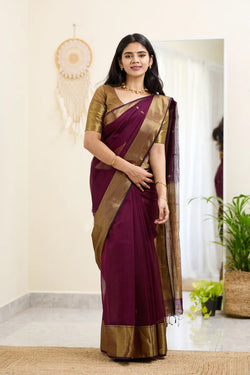 Sempiternal Wine Cotton Silk Saree With Staggering Blouse Piece