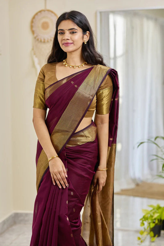 Sempiternal Wine Cotton Silk Saree With Staggering Blouse Piece