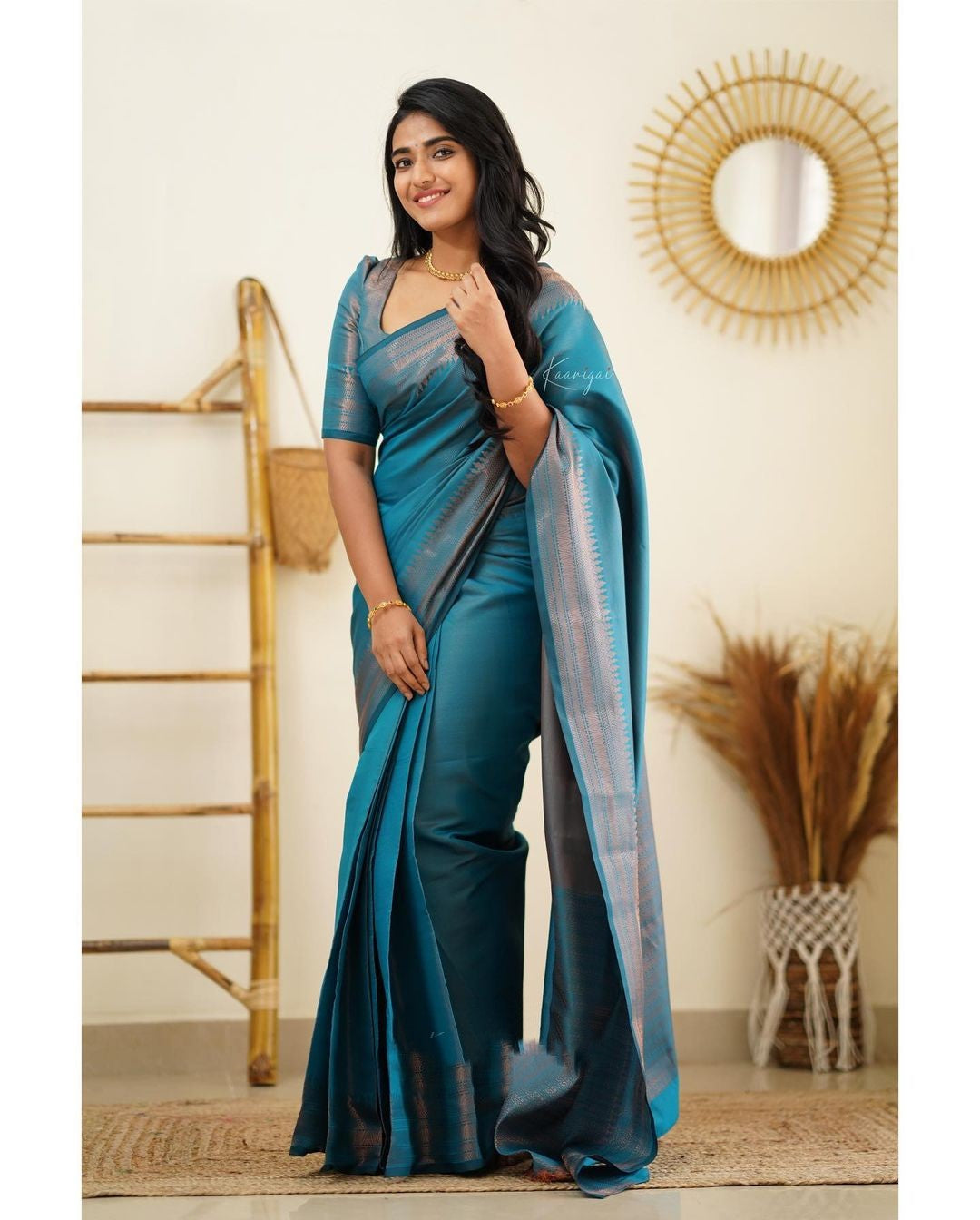 Luxuriant Firozi Soft Silk Saree With Elaborate Blouse Piece