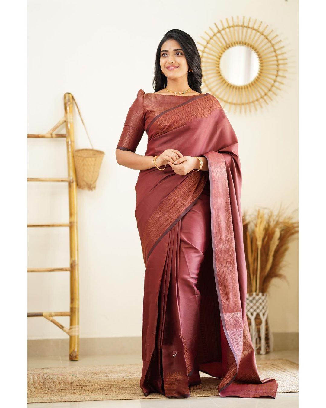 Moiety Wine Soft Silk Saree With Palimpsest Blouse Piece
