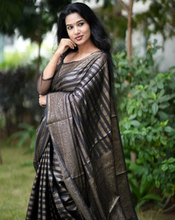 Excellent Black Soft Silk Saree With Luxuriant Blouse Piece