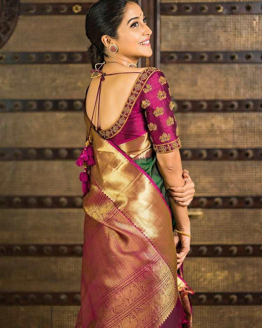 Stunner Green Soft Banarasi Silk Saree With Girlish Blouse Piece