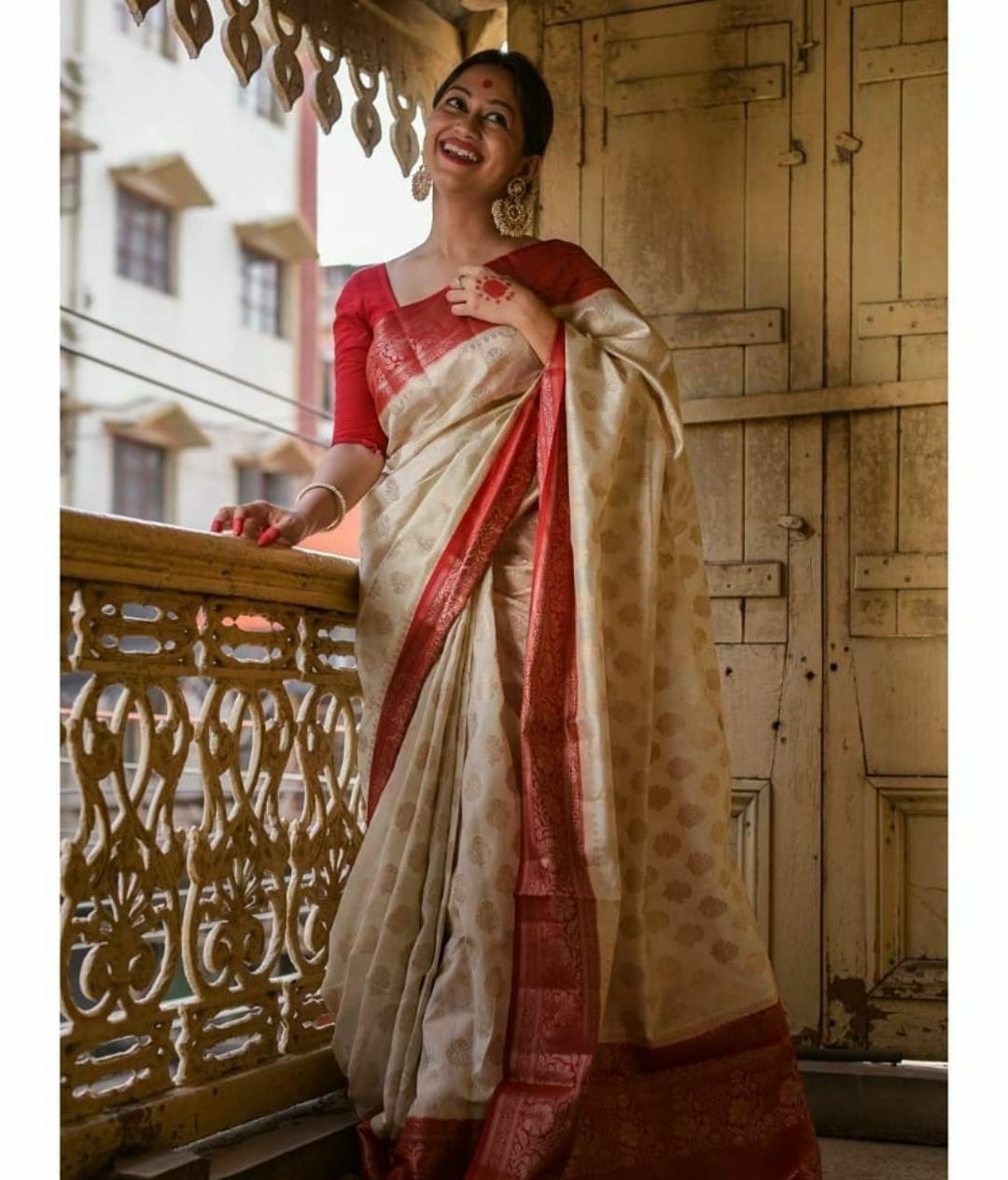 Splendorous Beige Soft Banarasi Silk Saree With Bucolic Blouse Piece