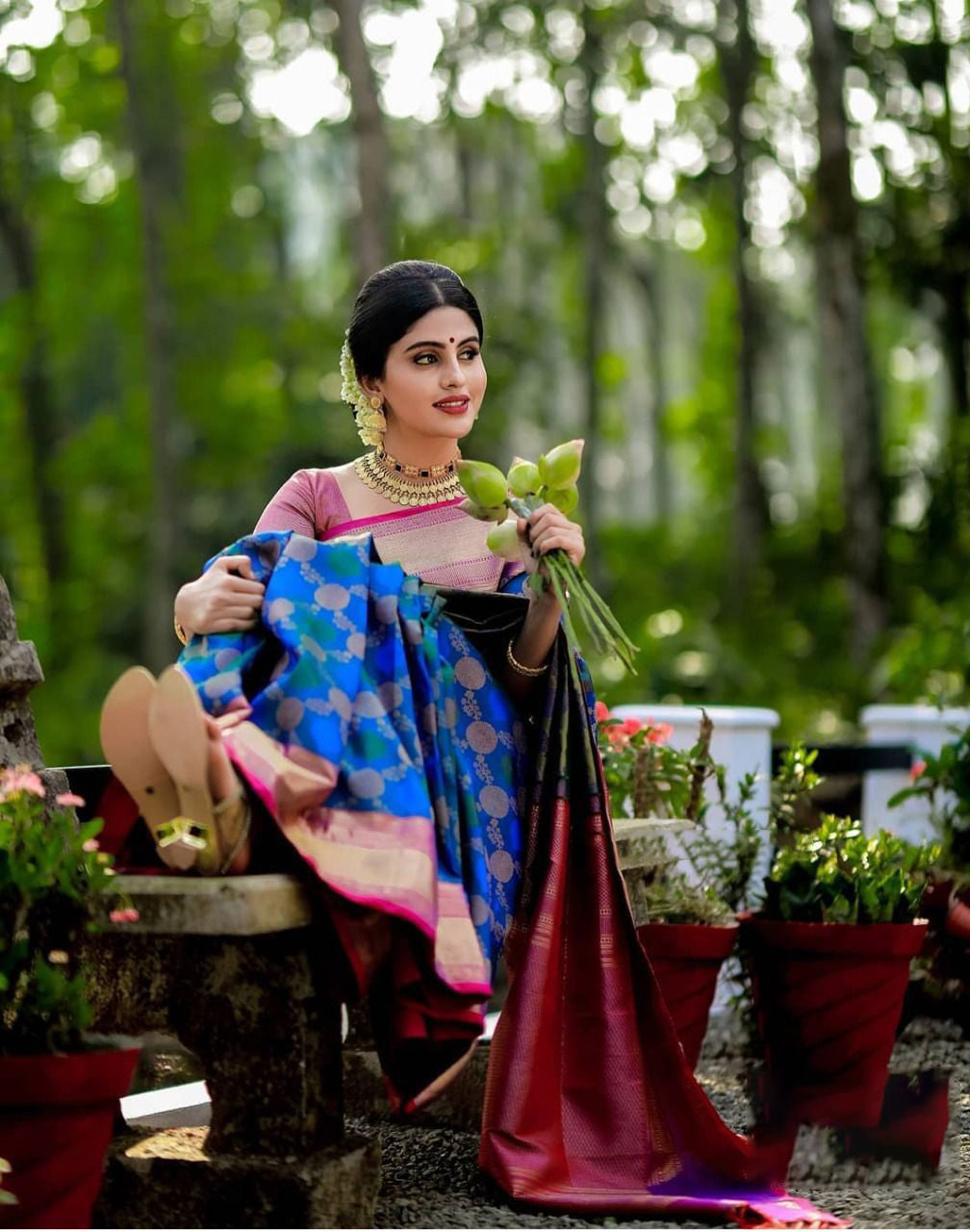 Elegant Blue Soft Banarasi Silk Saree With Pleasant Blouse Piece