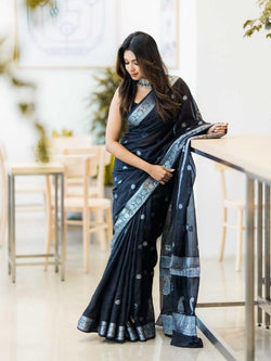 Arresting Black Soft Silk Saree With Artistic Blouse Piece
