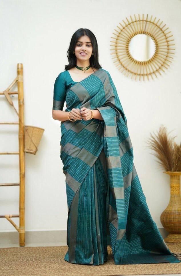 Palimpsest Rama Soft Silk Saree With Chatoyant Blouse Piece