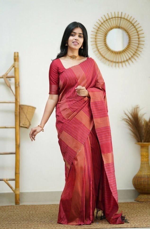 Pleasurable Red Soft Silk Saree With Twirling Blouse Piece