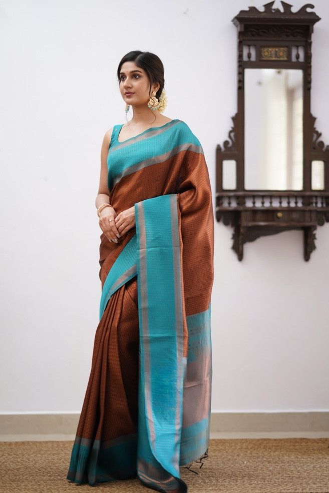 Ravishing Brown Soft Silk Saree With Opulent Blouse Piece