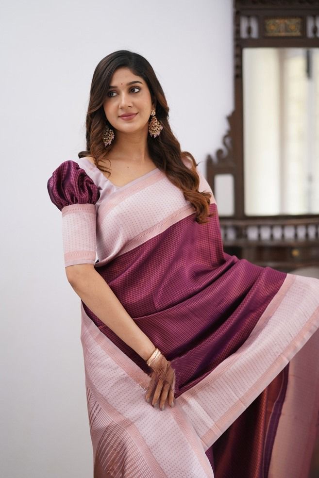 Murmurous Wine Soft Silk Saree With Stunner Blouse Piece