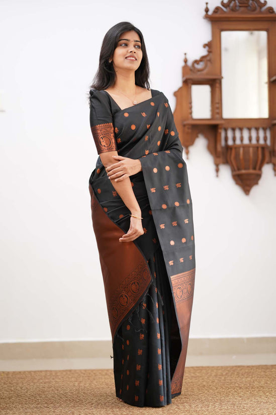 Capricious Black Soft Silk Saree With Skinny Blouse Piece