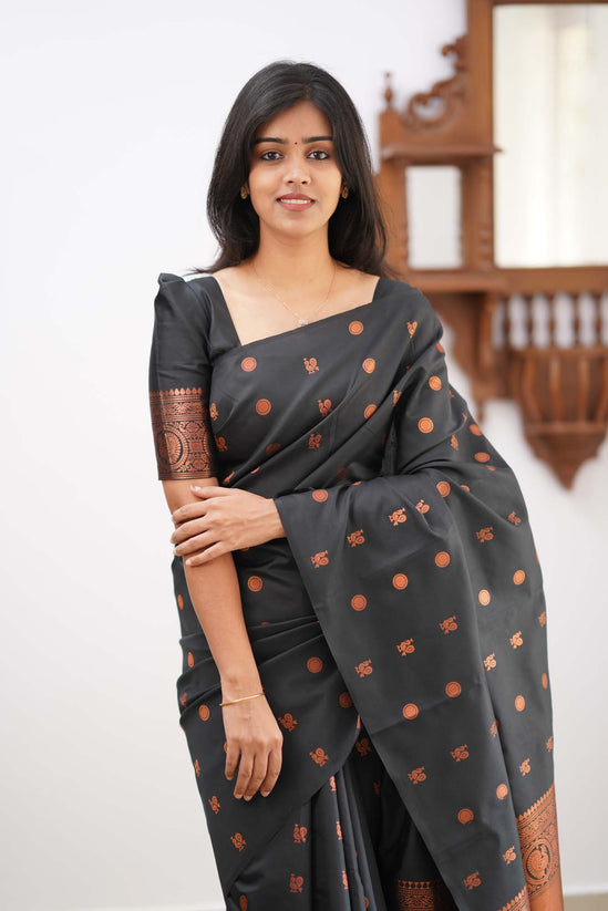 Capricious Black Soft Silk Saree With Skinny Blouse Piece