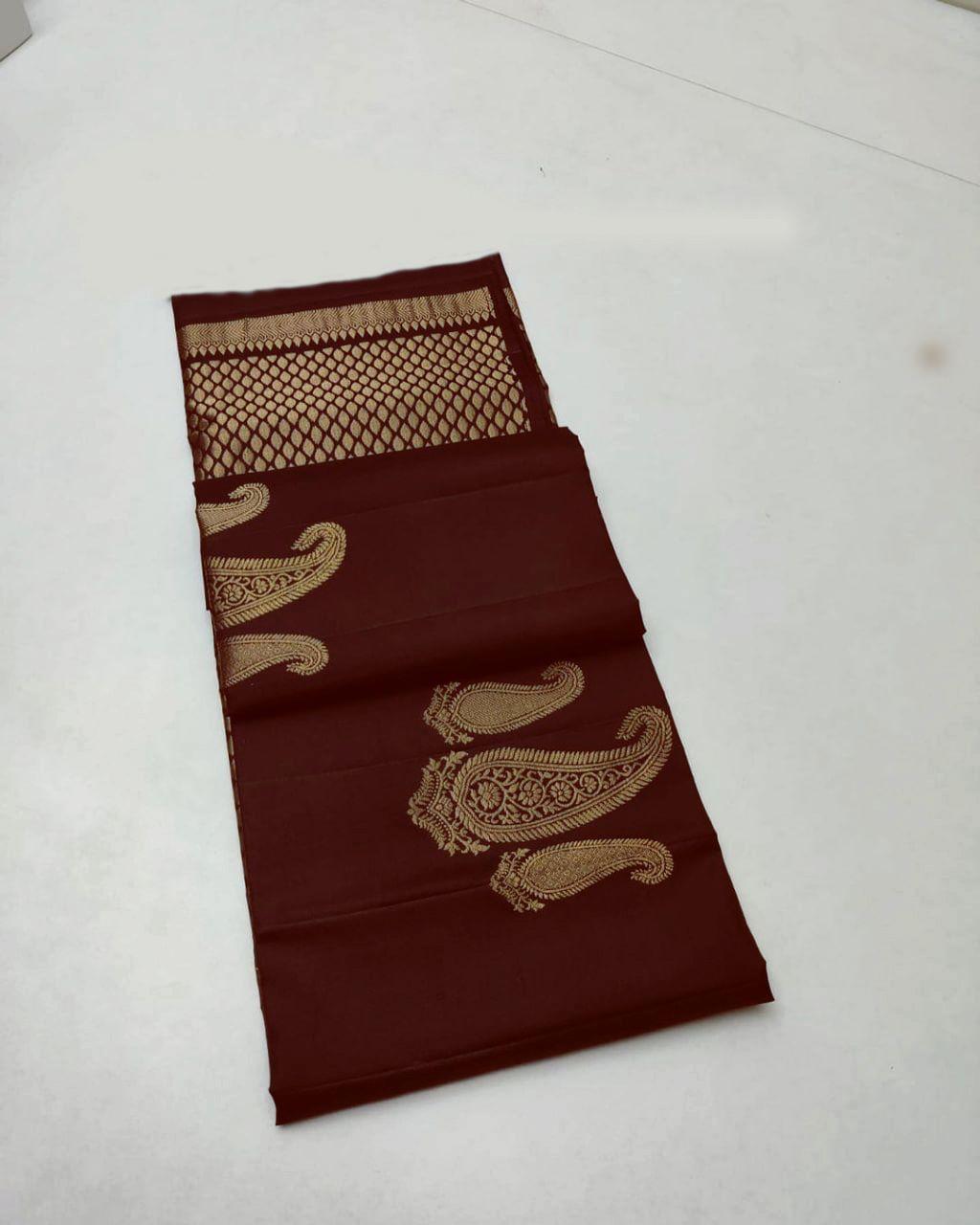 Cynosure Brown Soft Silk Saree With Eloquence Blouse Piece