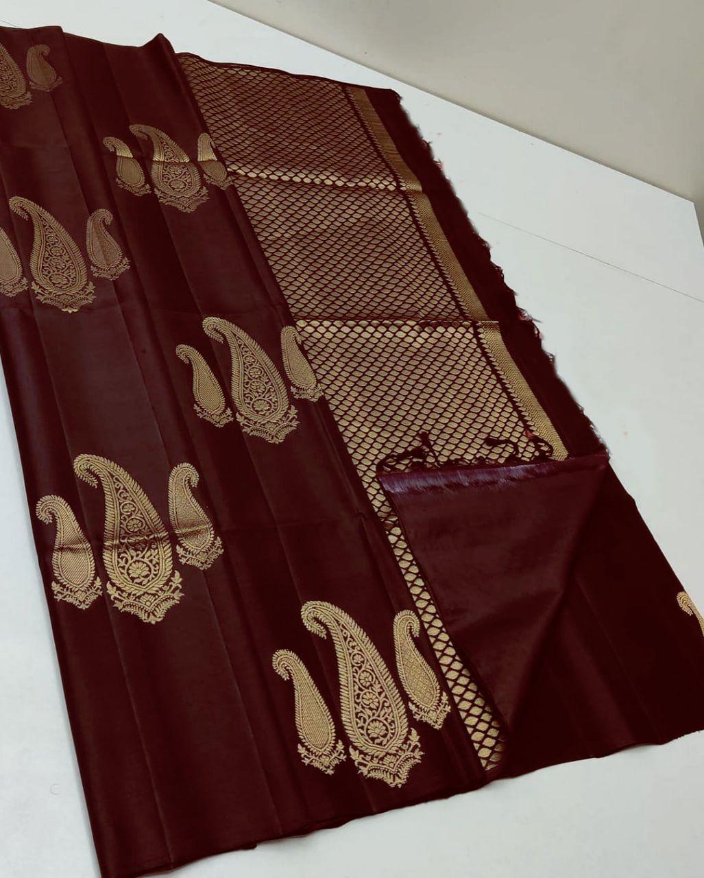 Cynosure Brown Soft Silk Saree With Eloquence Blouse Piece