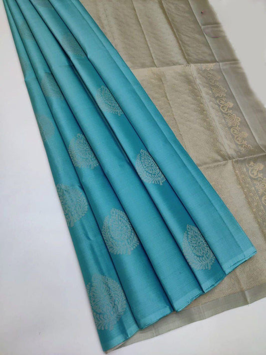 Gossamer Firozi Soft Silk Saree With Nebula Blouse Piece