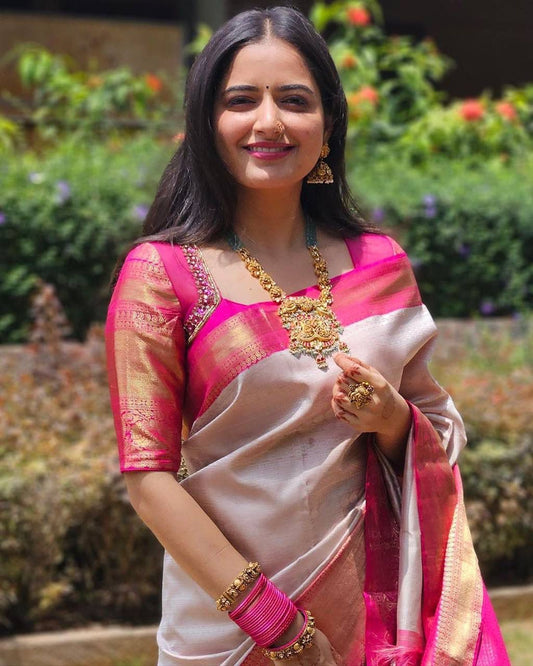 Outstanding Beige Soft Banarasi Silk Saree With Alluring Blouse Piece