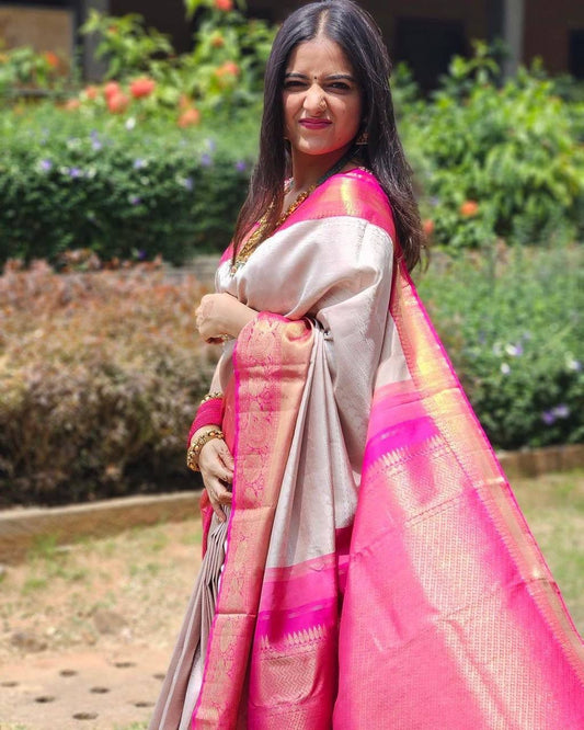 Outstanding Beige Soft Banarasi Silk Saree With Alluring Blouse Piece