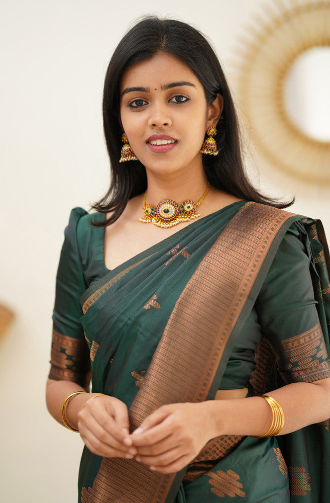 Attractive Dark Green Soft Silk Saree With Refreshing Blouse Piece