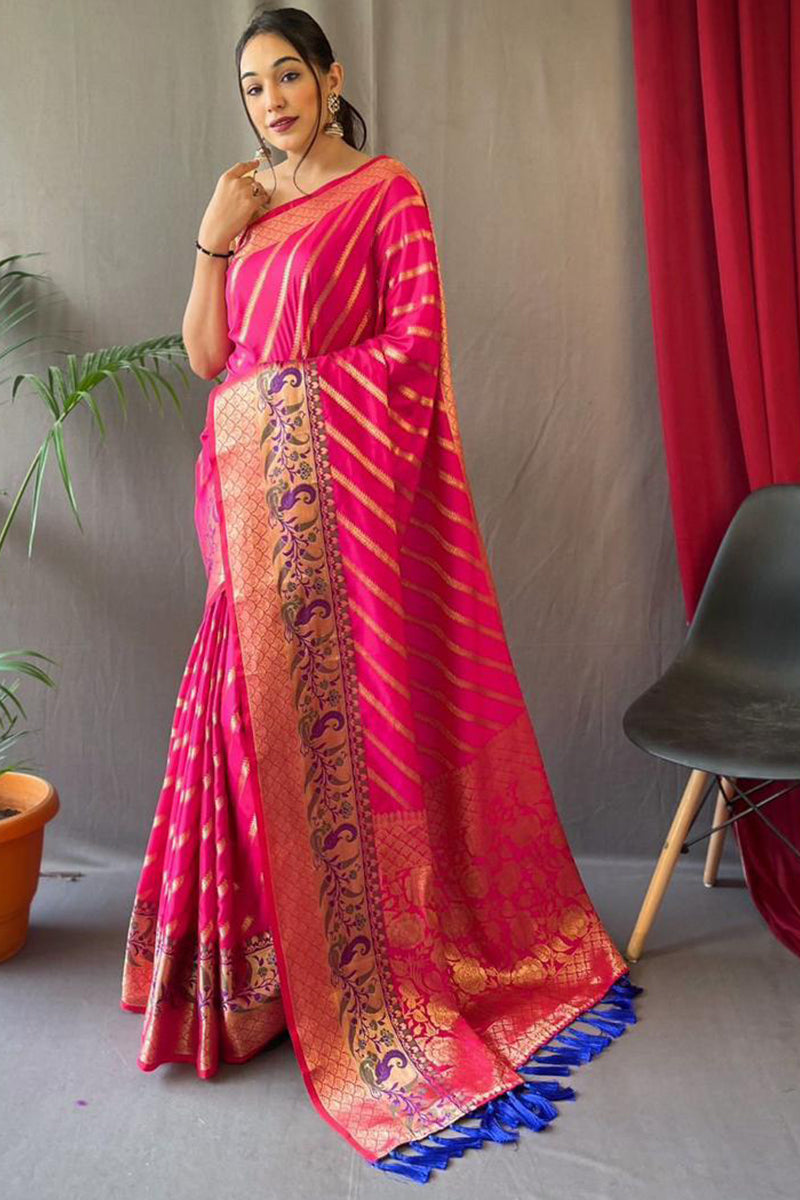 Devastating Dark Pink Paithani Silk Saree With Murmurous Blouse Piece