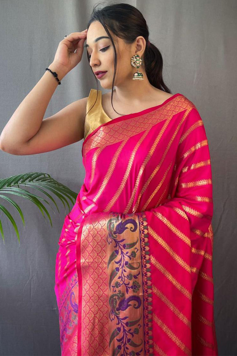 Devastating Dark Pink Paithani Silk Saree With Murmurous Blouse Piece