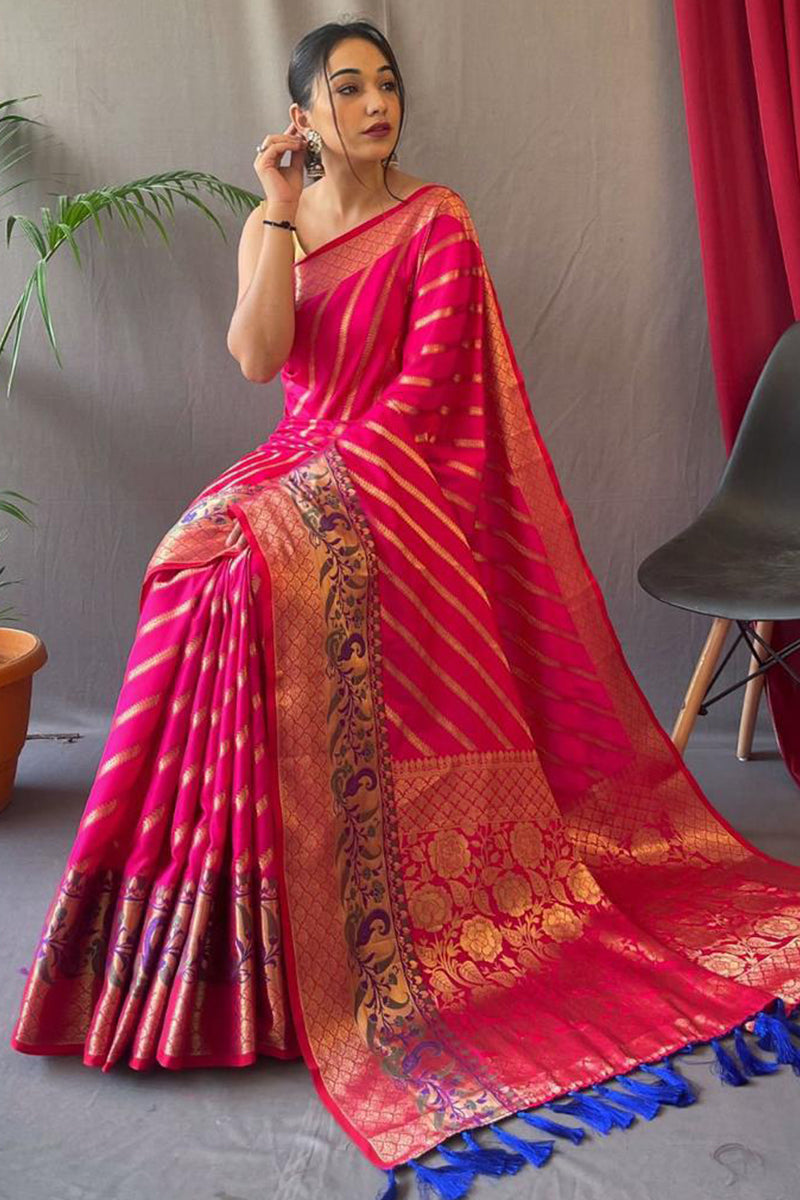 Devastating Dark Pink Paithani Silk Saree With Murmurous Blouse Piece