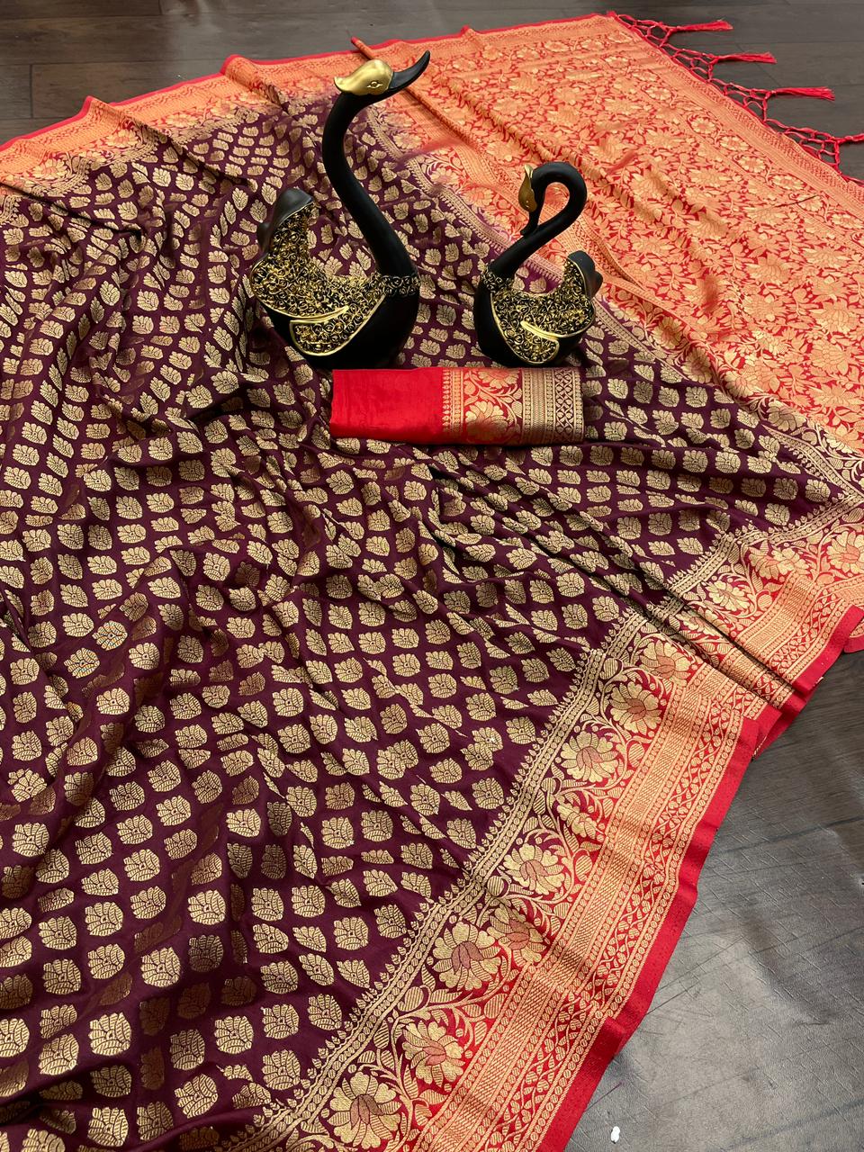 Ratatouille Wine Soft Banarasi Silk Saree With Lassitude Blouse Piece