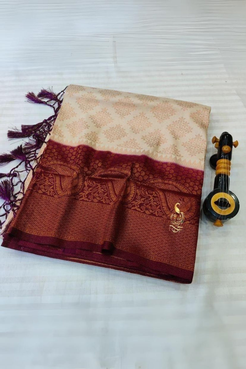 Quintessential Beige Soft Banarasi Silk Saree With Captivating Blouse Piece