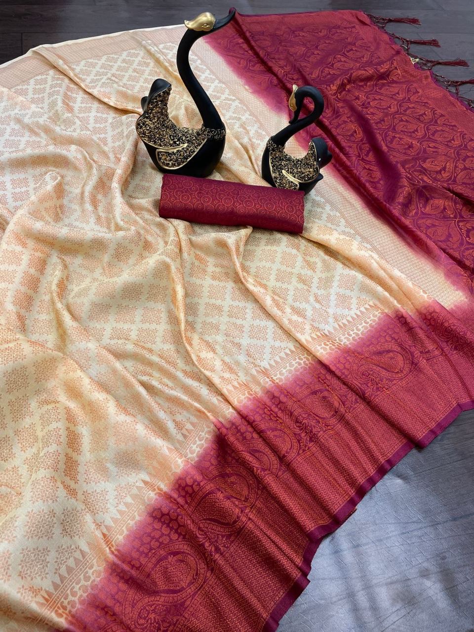 Quintessential Beige Soft Banarasi Silk Saree With Captivating Blouse Piece