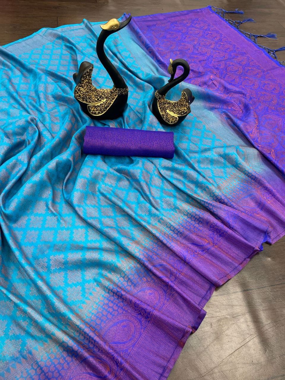 Petrichor Firozi Soft Banarasi Silk Saree With Lovely Blouse Piece